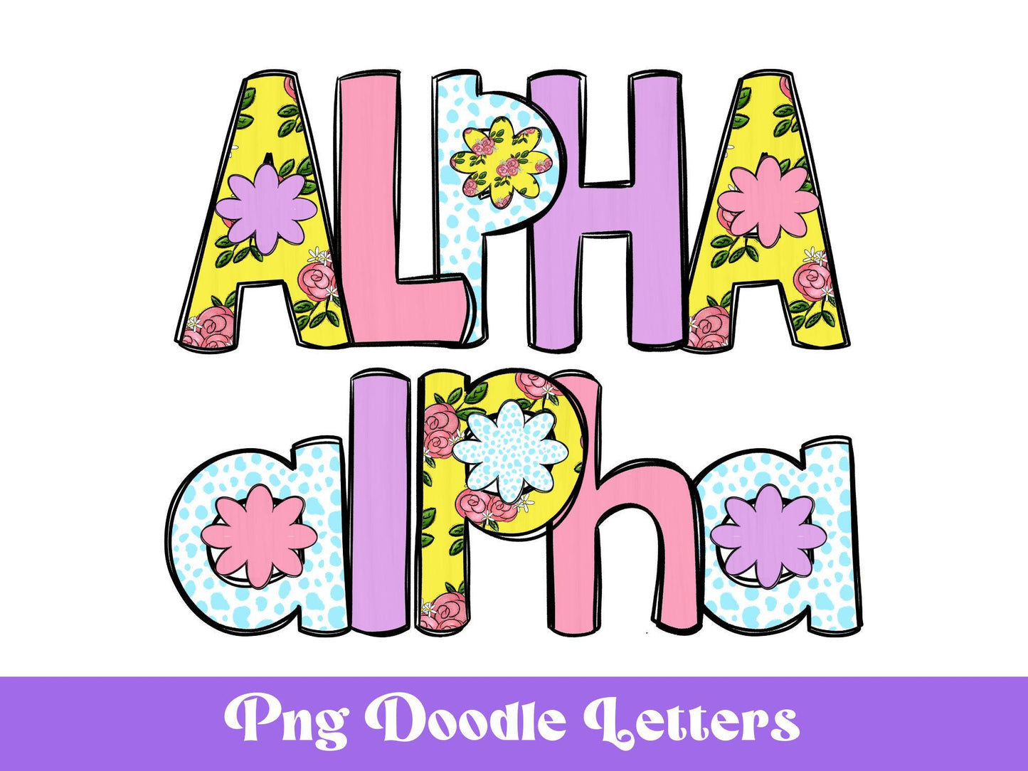 Floral Doodle Alphabet Clipart: Pastel Dalmatian Letters (PNG)