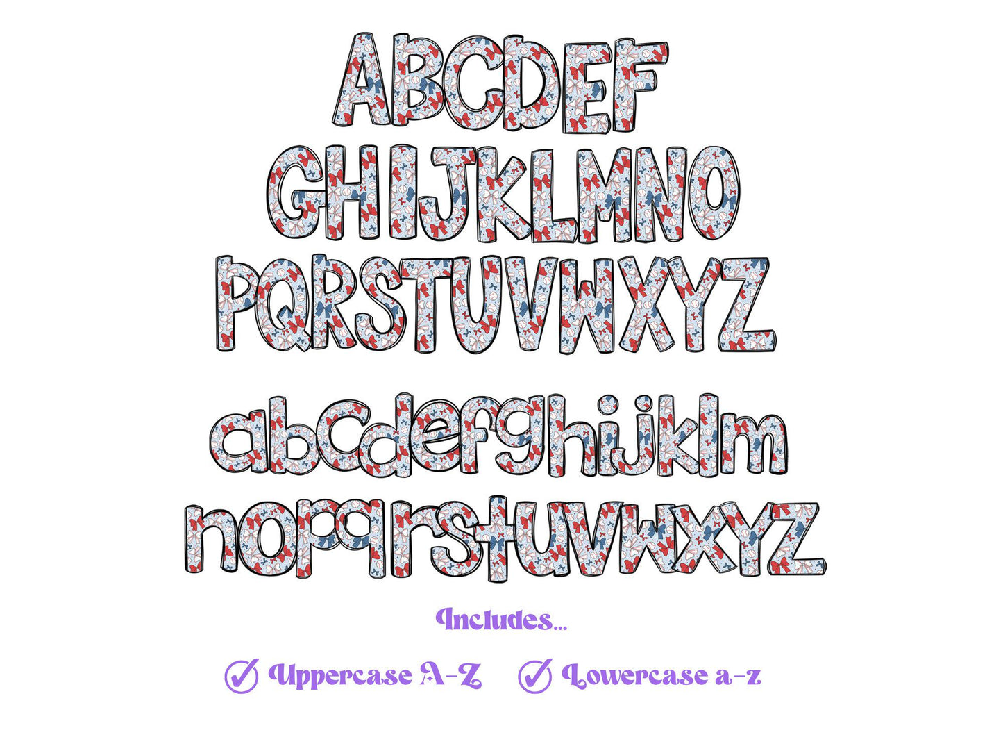 Baseball Doodle Alphabet Clipart: Checkered Sublimation Letters (PNG)