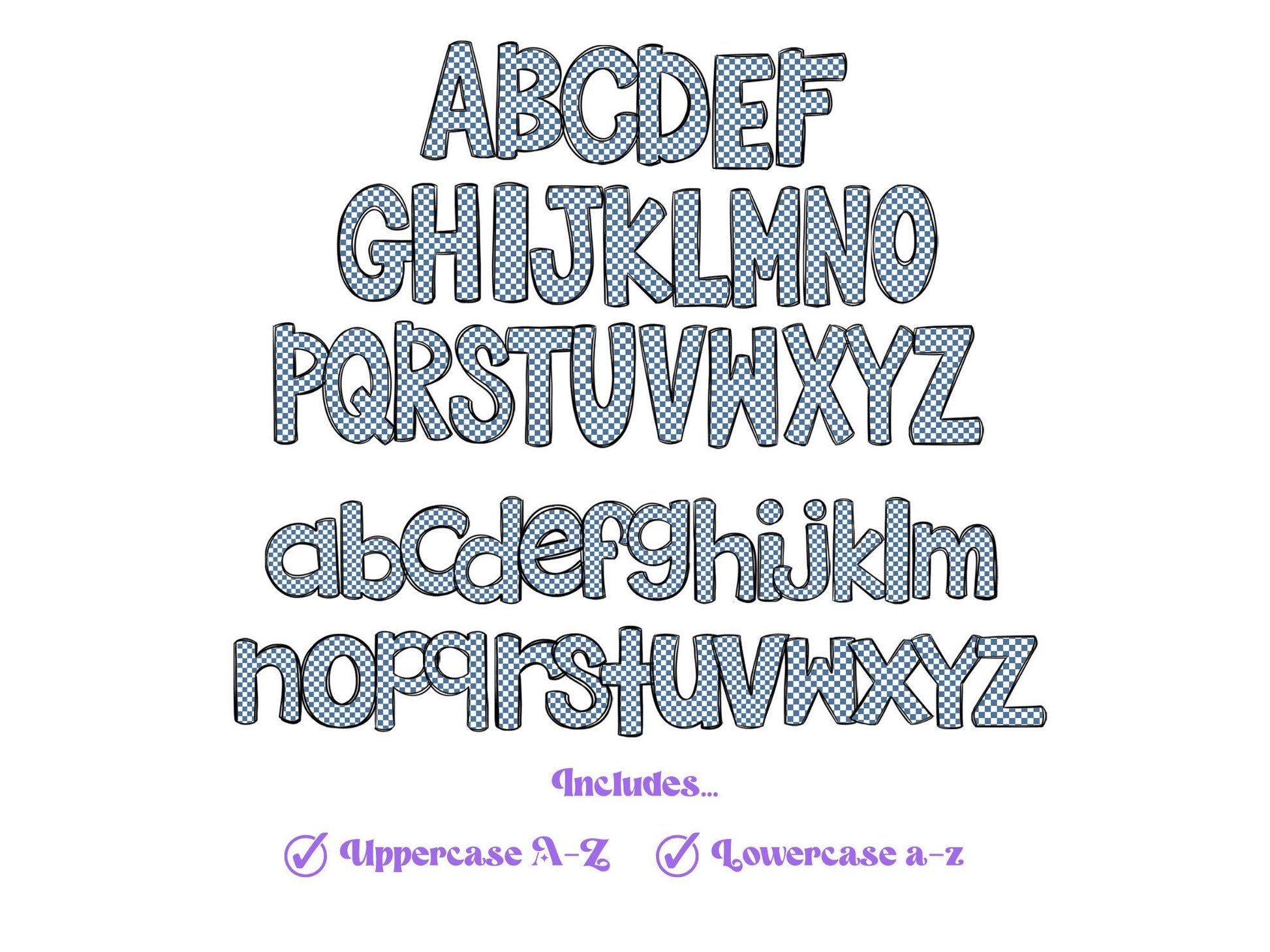 Baseball Doodle Alphabet Clipart: Checkered Sublimation Letters (PNG)