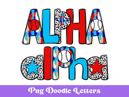 Baseball Doodle Alphabet Clipart: Sublimation PNG Letters (Digital File)