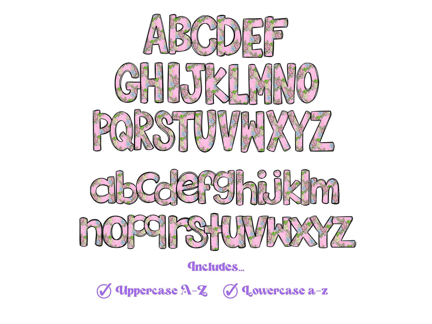 Floral Doodle Alphabet Clipart: Pastel Spring PNG Letters (Digital File)