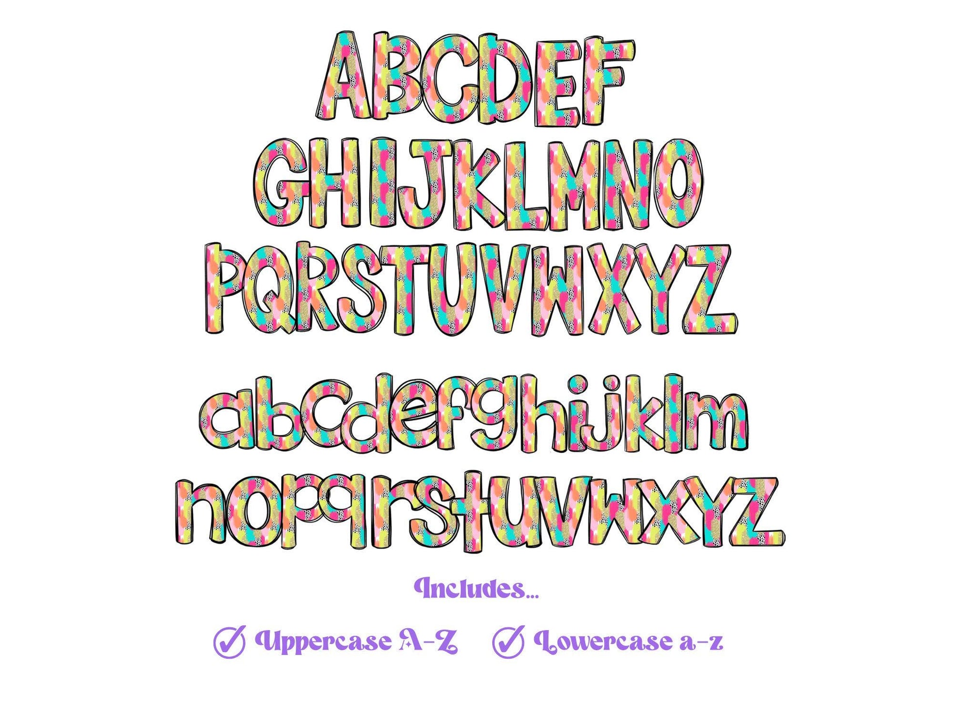 Glitter Brush Stroke Alphabet Clipart: Doodle Letter Set (Digital File)