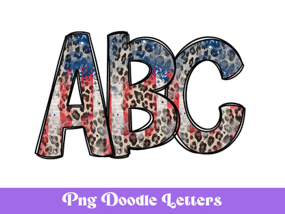 Patriotic Leopard Doodle Alphabet Clipart, Animal Pattern, Cheetah Print, Sublimation Letters, PNG Design