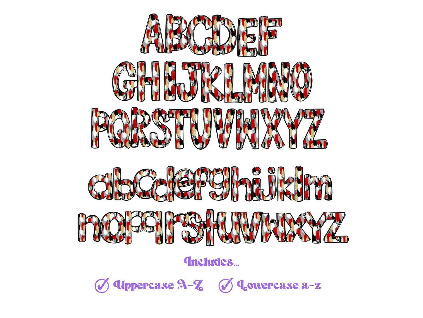 Glitter Brush Strokes Alphabet Clipart: Red and Gold Doodle Letter Set (Digital File)