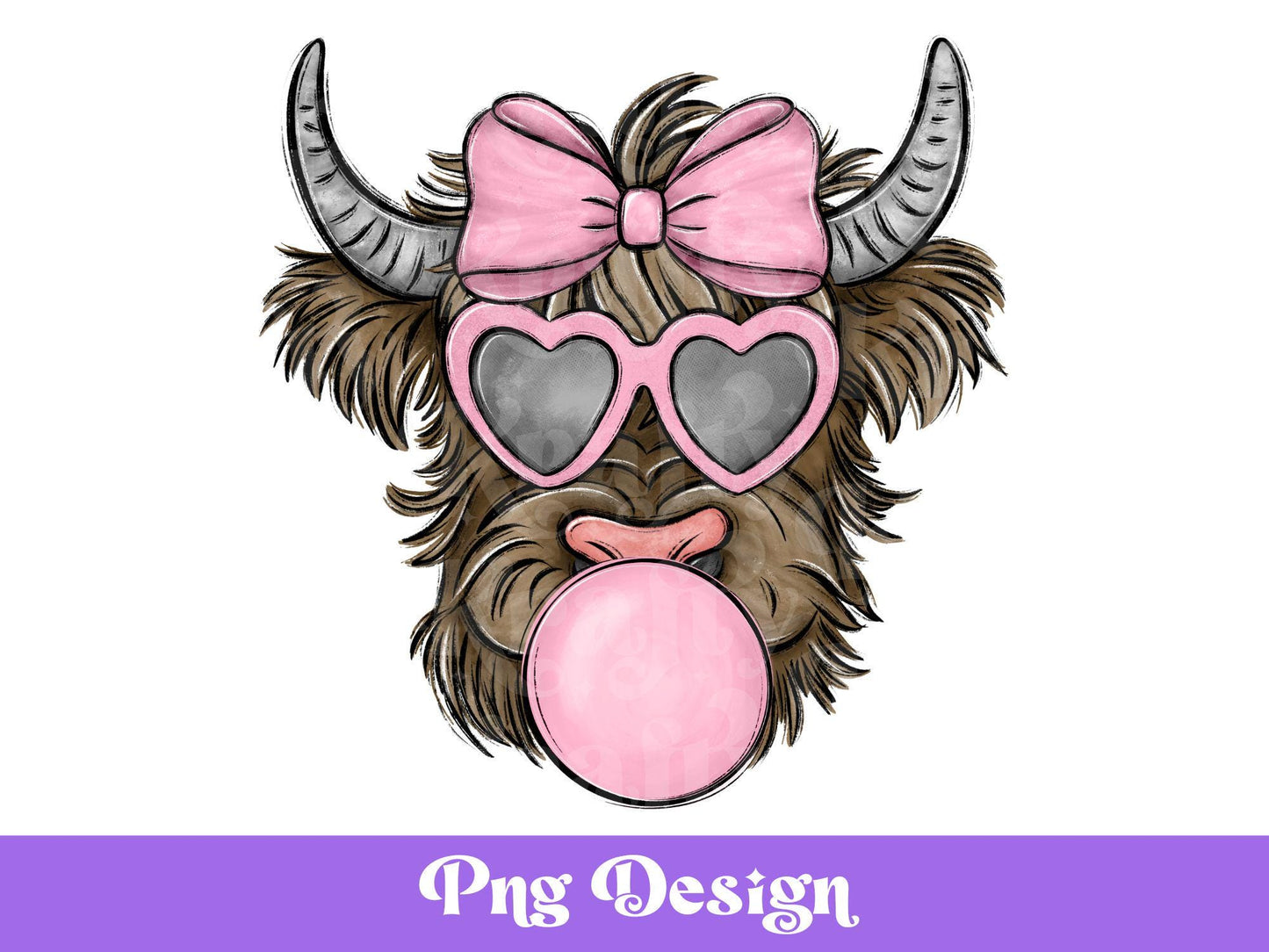 Highland Cow Blowing Bubble PNG: Retro Hippie Design (Digital Download)
