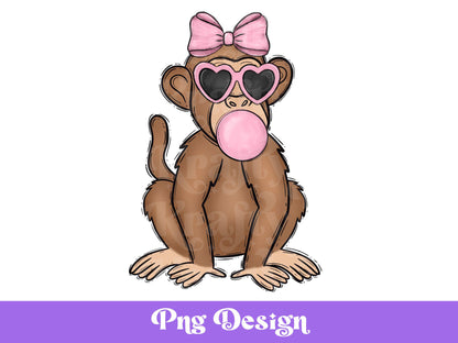 Retro Monkey Blowing Bubble Gum PNG: Heart Glasses Design (Digital Download)