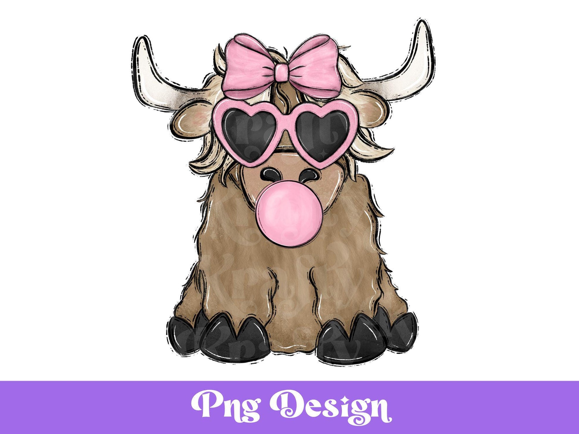 Highland Cow Blowing Bubble PNG: Retro Hippie Design (Digital File)