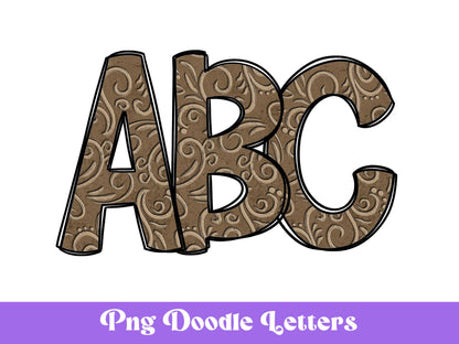 Tooled Leather Doodle Letters, Western Alphabet Clipart, Sublimation Letters, PNG Design
