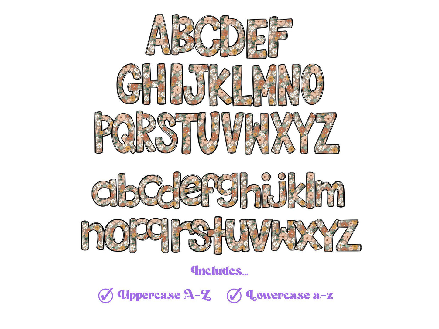 Floral Doodle Alphabet Letters: Retro PNG Clipart (Digital File)