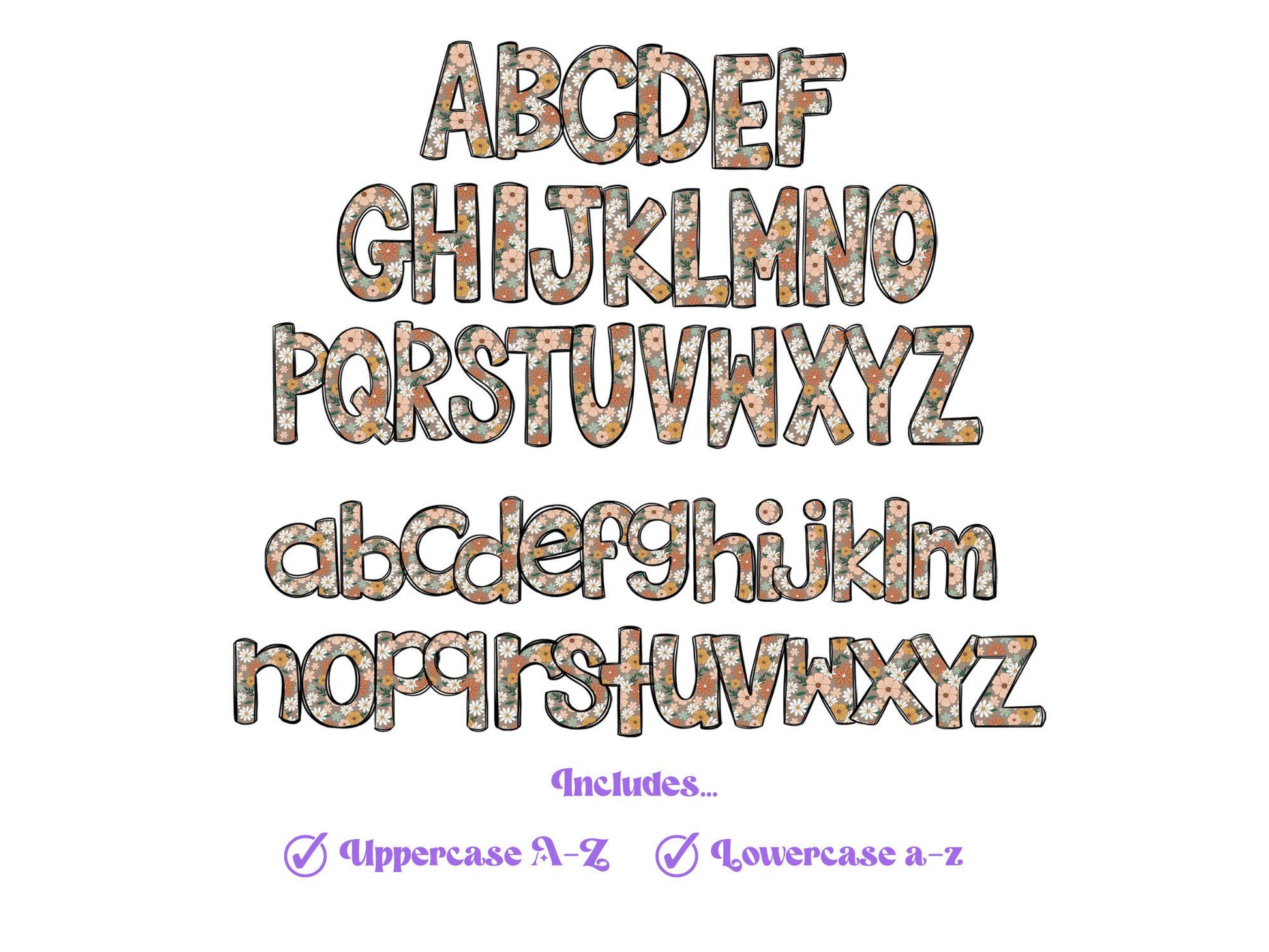 Floral Doodle Alphabet Letters: Retro PNG Clipart (Digital File)