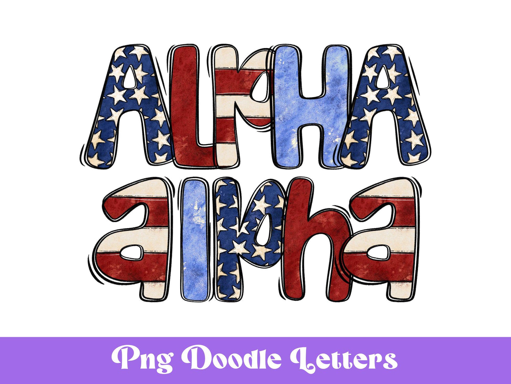 Patriotic Doodle Alphabet Clipart: 4th of July PNG Letters (Digital File)