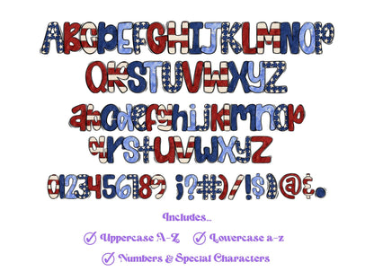 Patriotic Doodle Alphabet Clipart: 4th of July PNG Letters (Digital File)