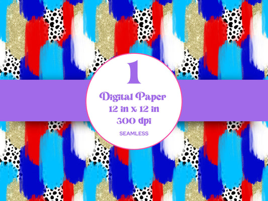Hand Drawn Paint Brush Stroke Seamless Pattern, Digital Repeatable Pattern, 4th of July, Patriotic