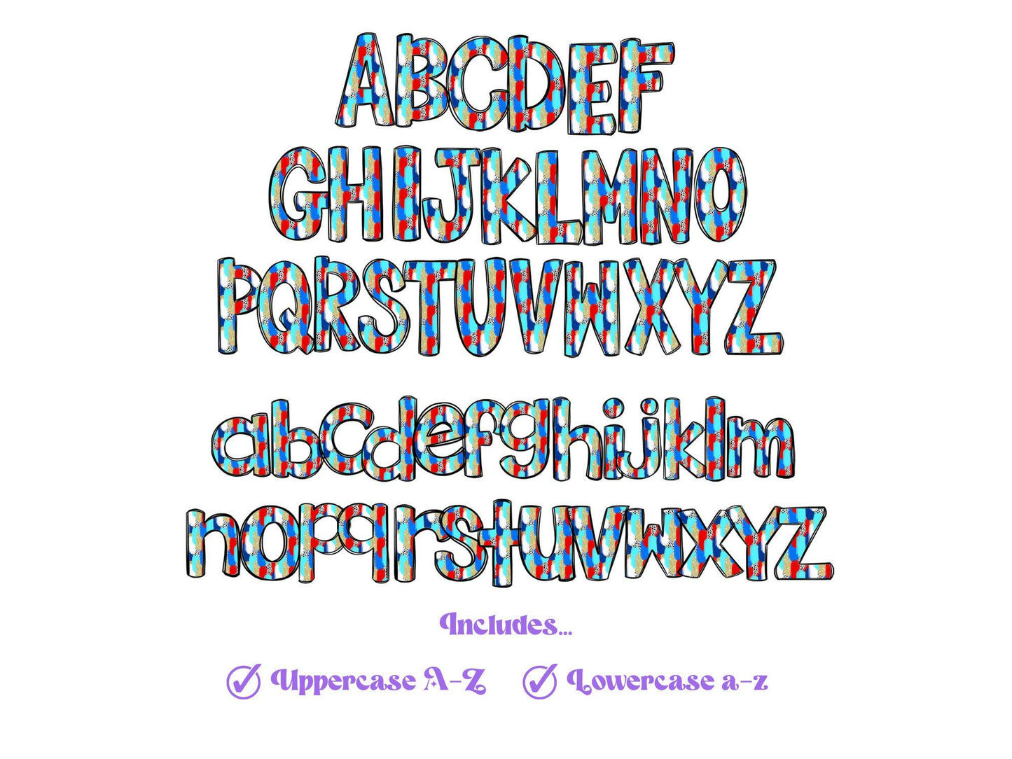 Patriotic Doodle Alphabet Clipart: Polka Dot & Stripe PNG Letters (Digital File)