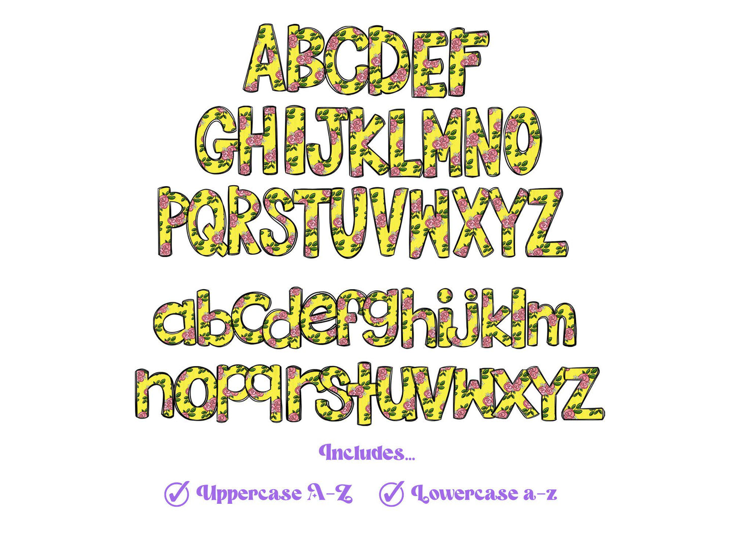 Floral Doodle Alphabet Clipart: Pastel Dalmatian Letters (PNG)