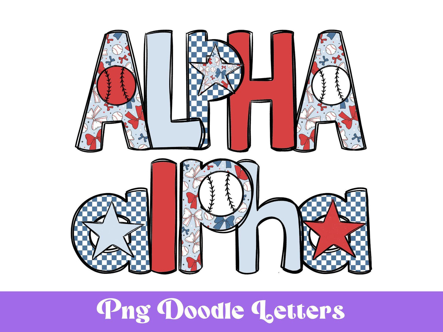 Baseball Doodle Alphabet Clipart: Checkered Sublimation Letters (PNG)