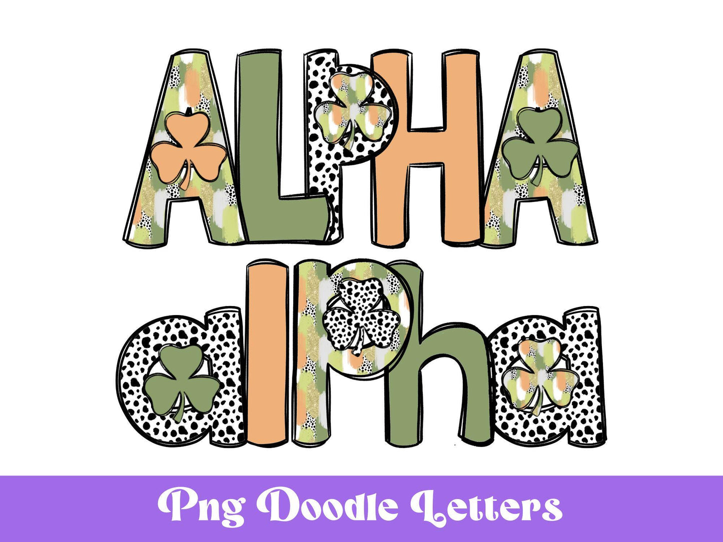 St. Patrick's Day Doodle Letters PNG: Clover Alpha Set (Digital File)