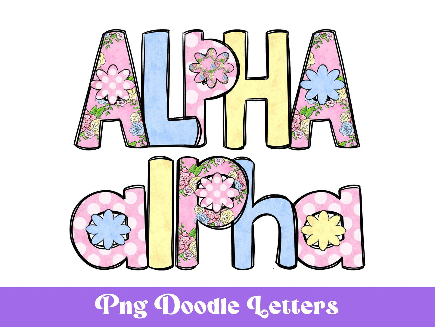 Floral Doodle Alphabet Clipart: Pastel Spring PNG Letters (Digital File)