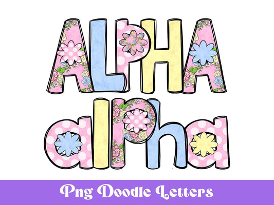 Floral Doodle Alphabet Clipart: Pastel Spring PNG Letters (Digital File)