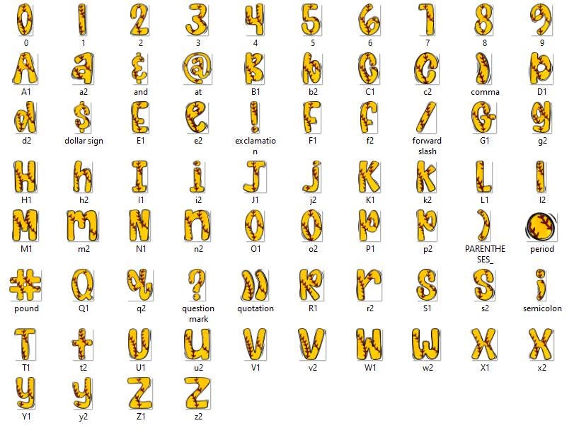 Softball Stitches Doodle Alphabet Clipart: PNG Design (Digital File)