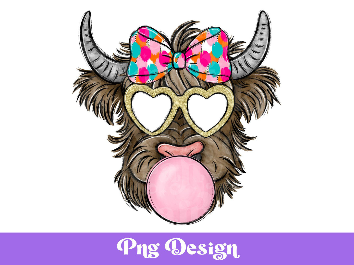 Preppy Highland Cow with Bubble PNG: Retro Hippie Design (Instant Download)