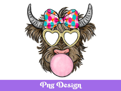Preppy Highland Cow with Bubble PNG: Retro Hippie Design (Instant Download)