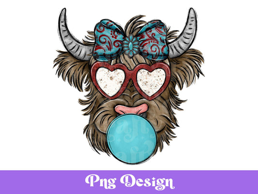 Highland Cow Blowing Bubble PNG: Western Cowgirl Design (Digital Download)