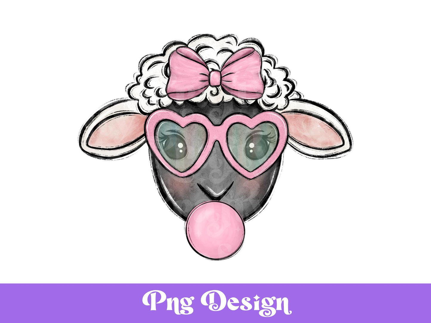 Preppy Sheep with Bubble Gum PNG: Retro Hippie Design (Digital Download)