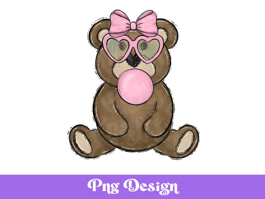 Preppy Bear Blowing Bubble Gum PNG: Retro Hippie Design (Digital File)