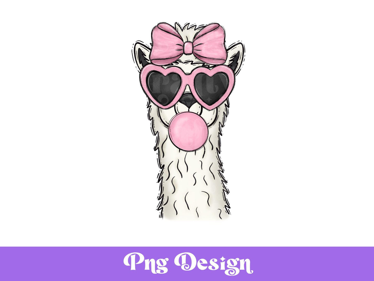 Preppy Llama PNG: Bubble Gum, Heart Glasses (Digital Download)