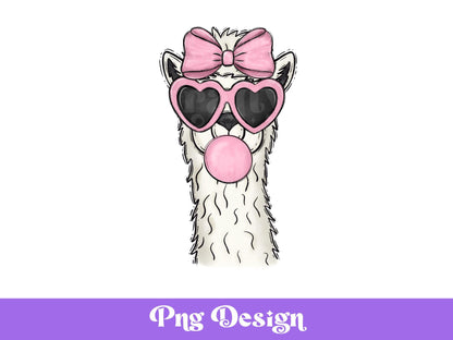 Preppy Llama PNG: Bubble Gum, Heart Glasses (Digital Download)