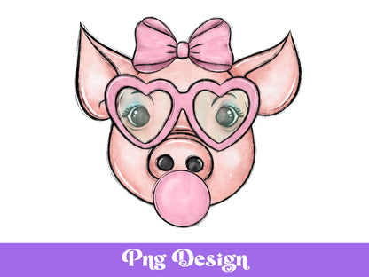 Preppy Pig with Bubble Gum PNG: Retro Hippie Design (Digital Download)