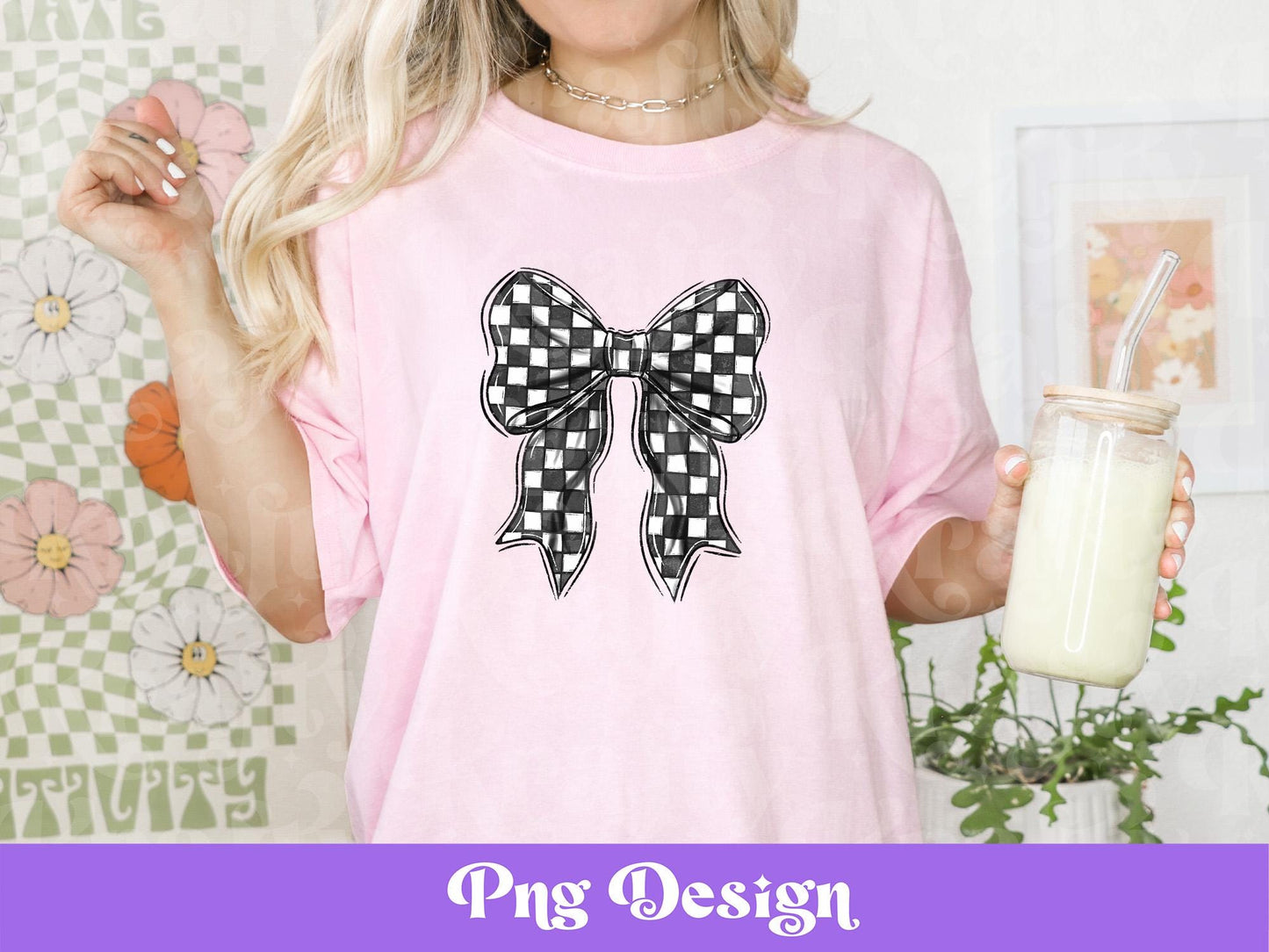 Hand Drawn Checkered Coquette Bow PNG, Shirt Design, Sublimation, Mothers Day, Spring, Summer, Varsity