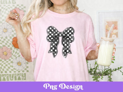 Hand Drawn Checkered Coquette Bow PNG, Shirt Design, Sublimation, Mothers Day, Spring, Summer, Varsity