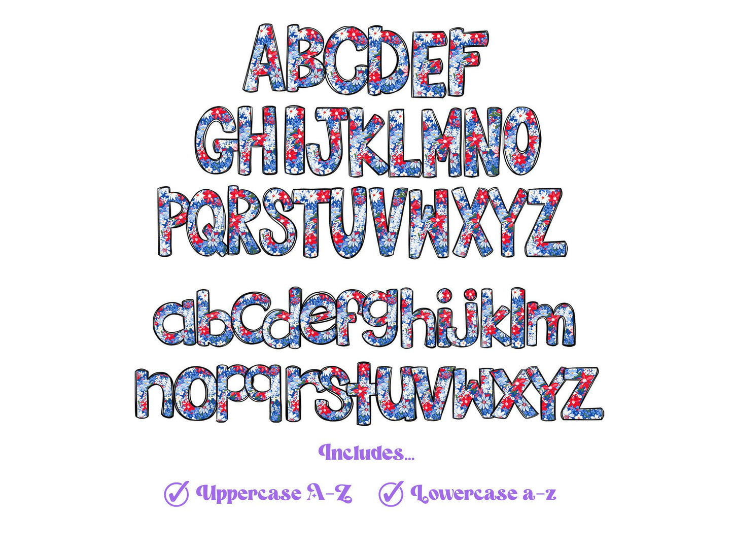 Floral Patriotic Alphabet Clipart: Hand-Drawn Doodle Letter Set (Digital)