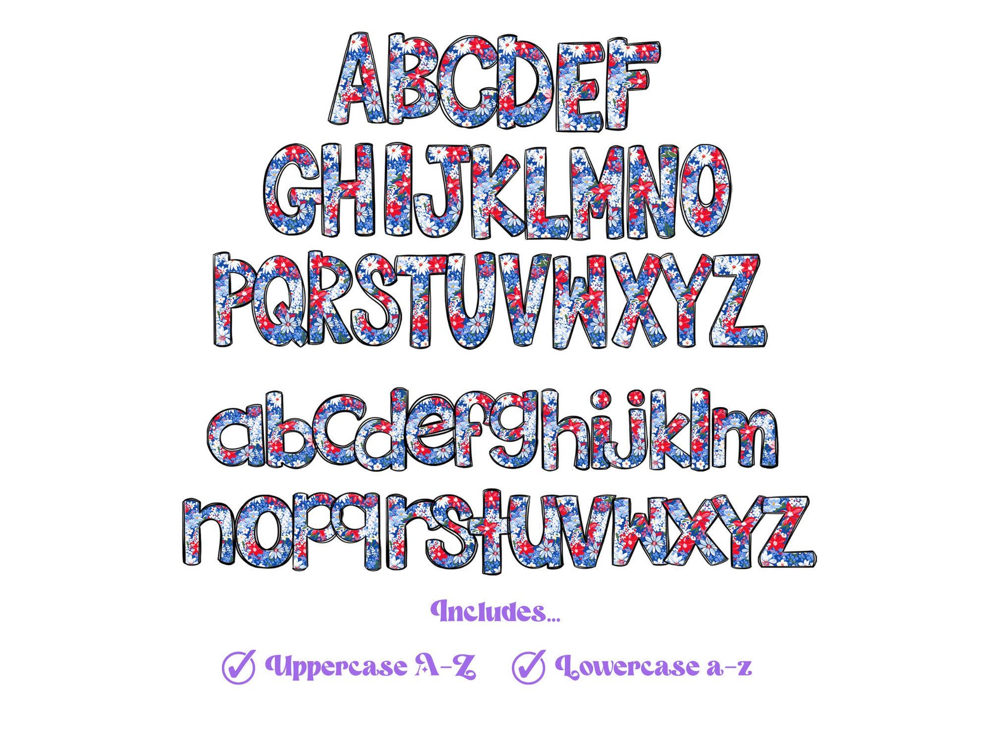 Floral Patriotic Alphabet Clipart: Hand-Drawn Doodle Letter Set (Digital)