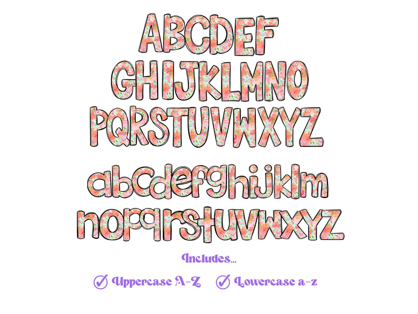 Floral Doodle Alphabet Clipart: Watercolor Letter Set (Digital File)