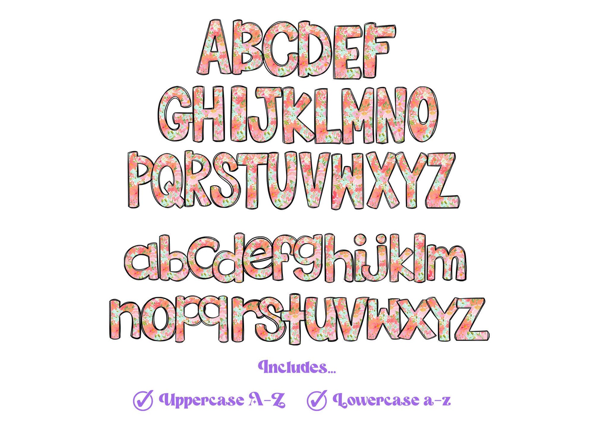 Floral Doodle Alphabet Clipart: Watercolor Letter Set (Digital File)