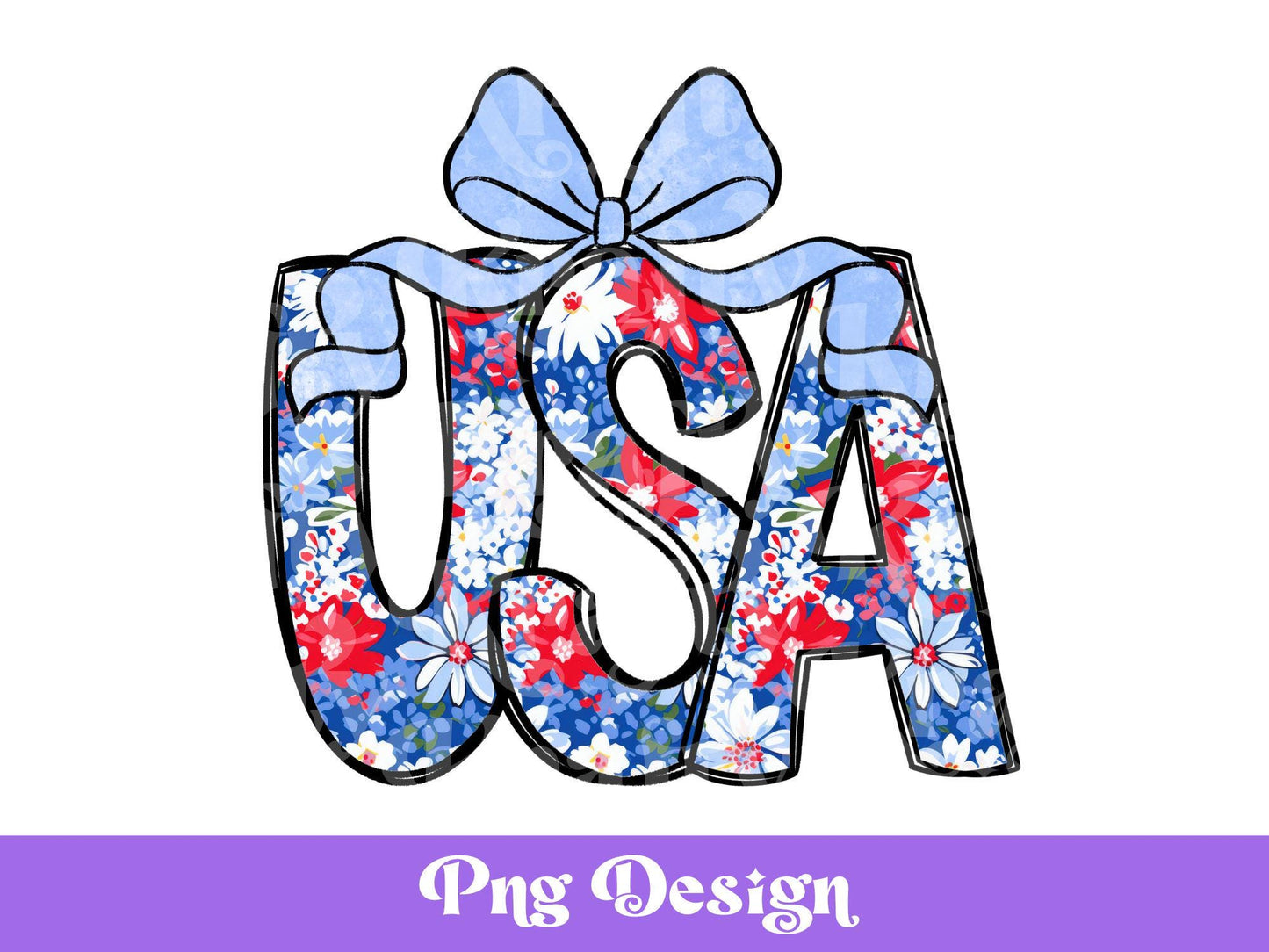 Floral USA PNG Design: Patriotic Watercolor, Coquette Bow (Digital File)