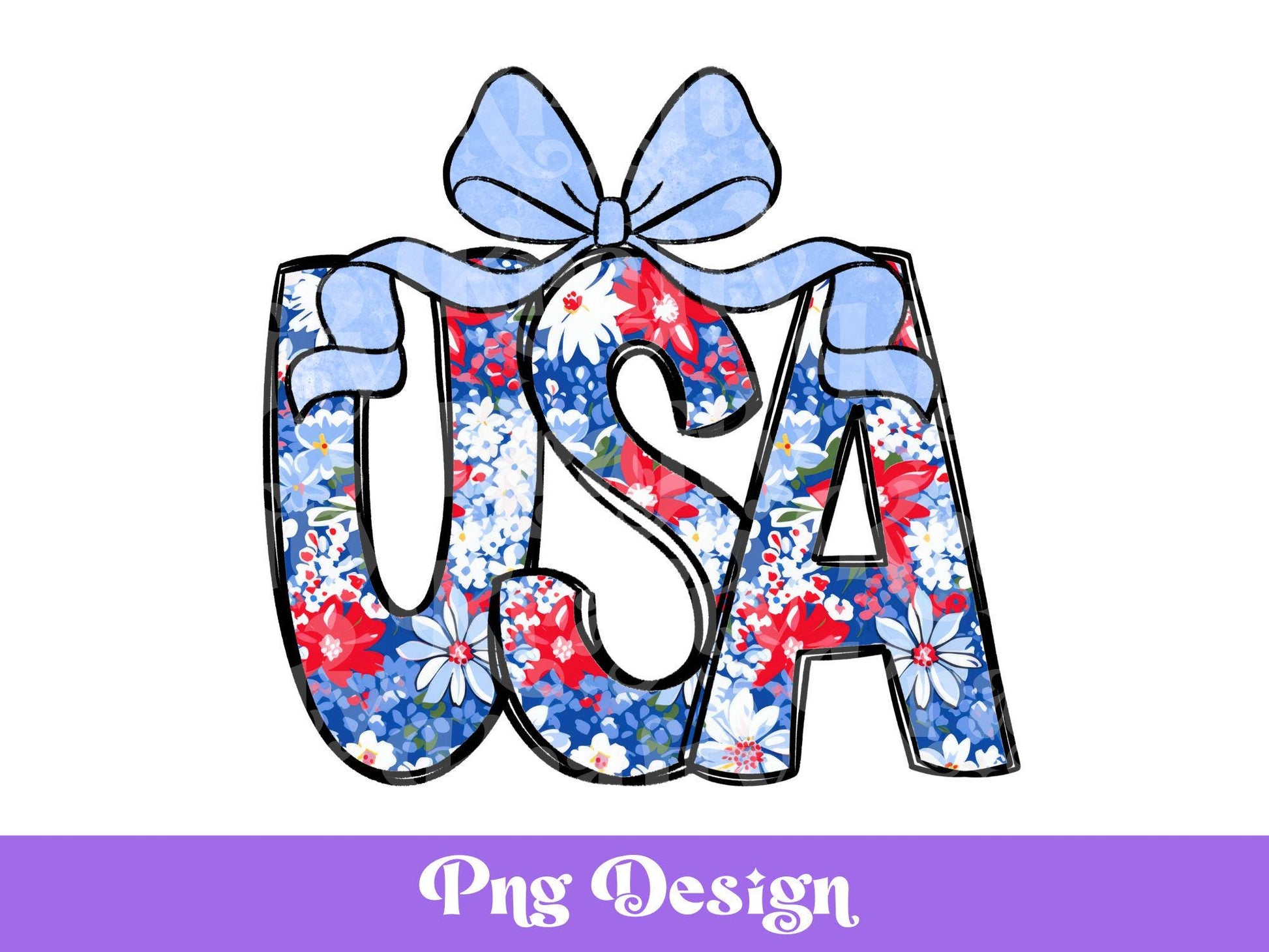 Floral USA PNG Design: Patriotic Watercolor, Coquette Bow (Digital File)