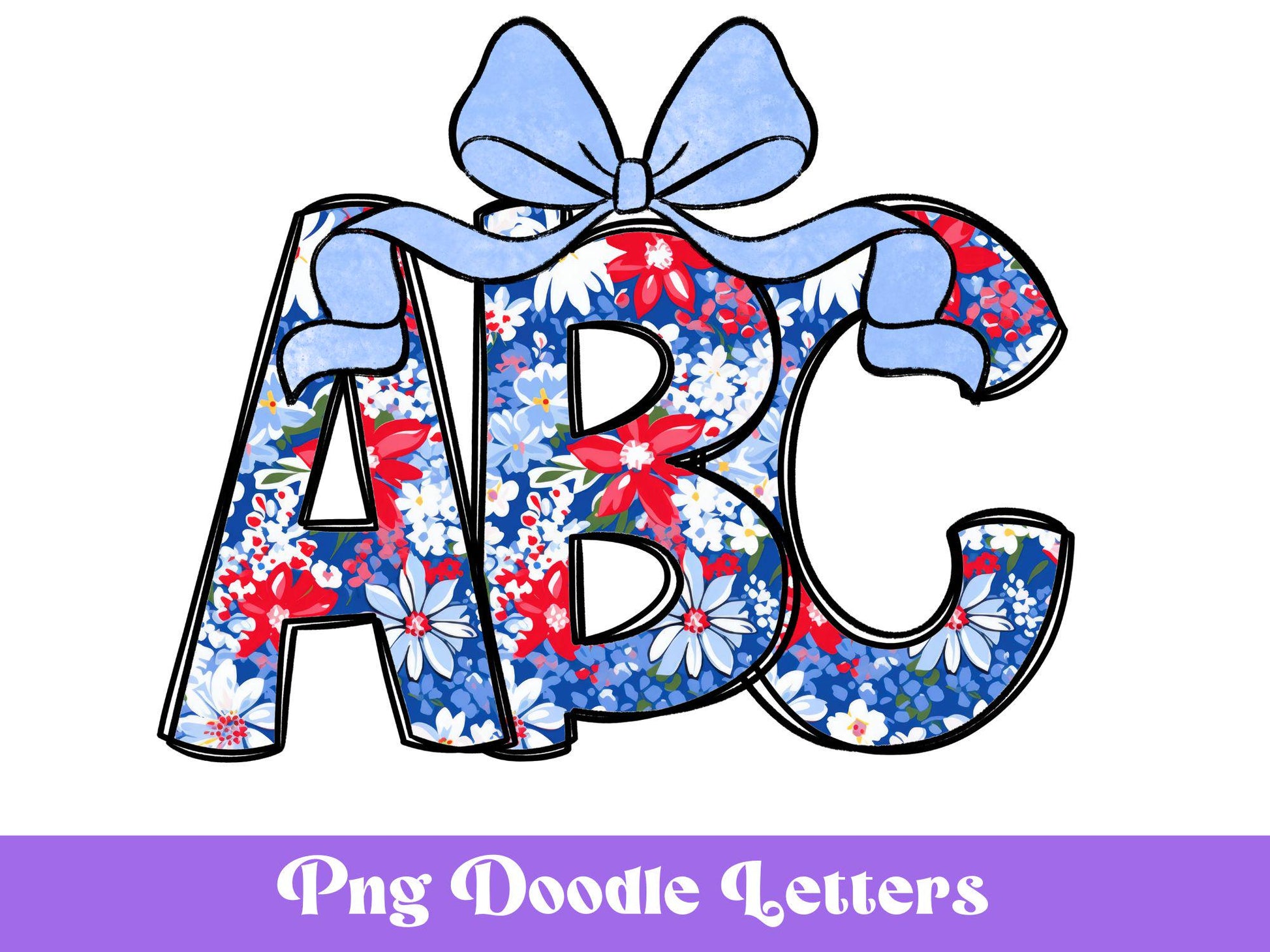 Floral Patriotic Alphabet Clipart: Hand-Drawn Doodle Letter Set (Digital)