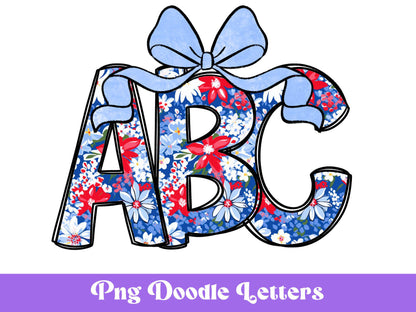 Floral Patriotic Alphabet Clipart: Hand-Drawn Doodle Letter Set (Digital)
