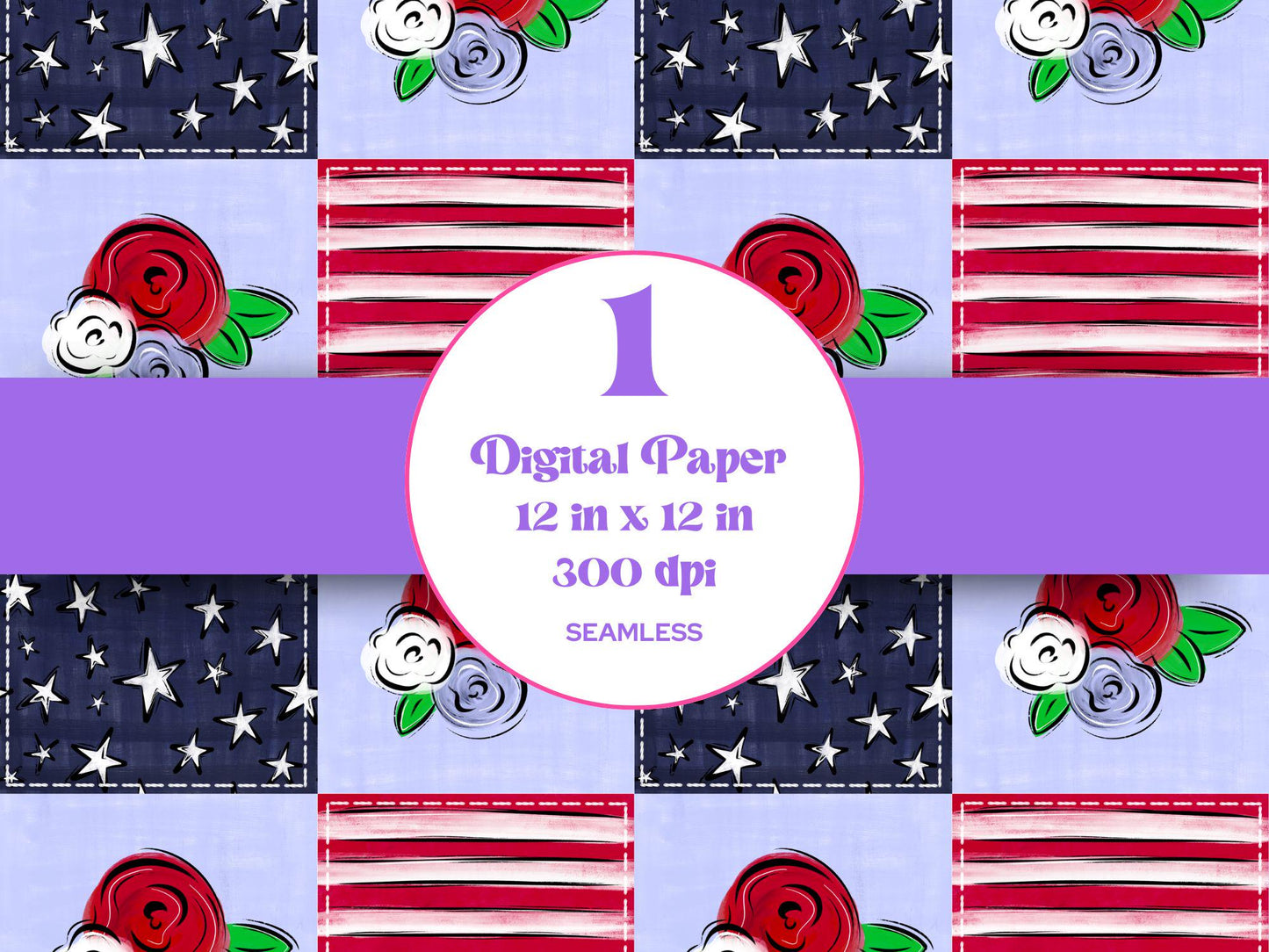 4th of July Patchwork Pattern: Patriotic Stars, Stripes, Floral (Digital)