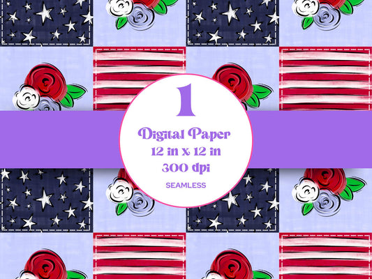 4th of July Patchwork Pattern: Patriotic Stars, Stripes, Floral (Digital)