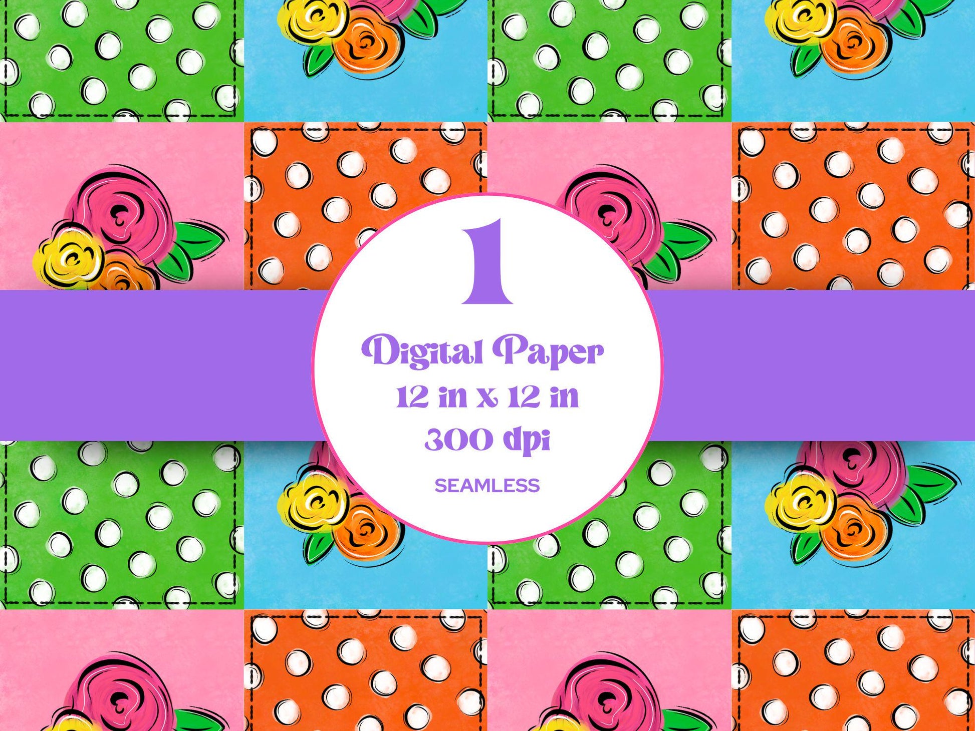 Summer Patchwork Seamless Pattern, Sublimation, Digital Repeatable Pattern, Floral, Quilted, Stitches, Colorful Bright, Spring