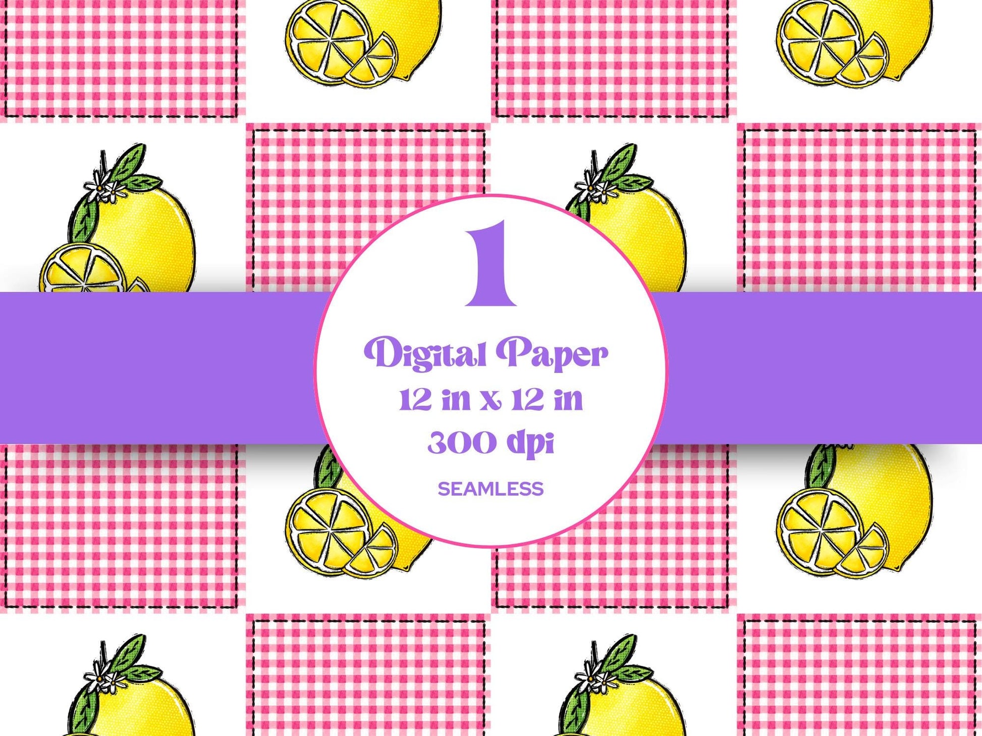 Lemons Checkered Patchwork Seamless Pattern, Sublimation, Digital Repeatable Pattern, Quilted, Stitches, Summer, Spring