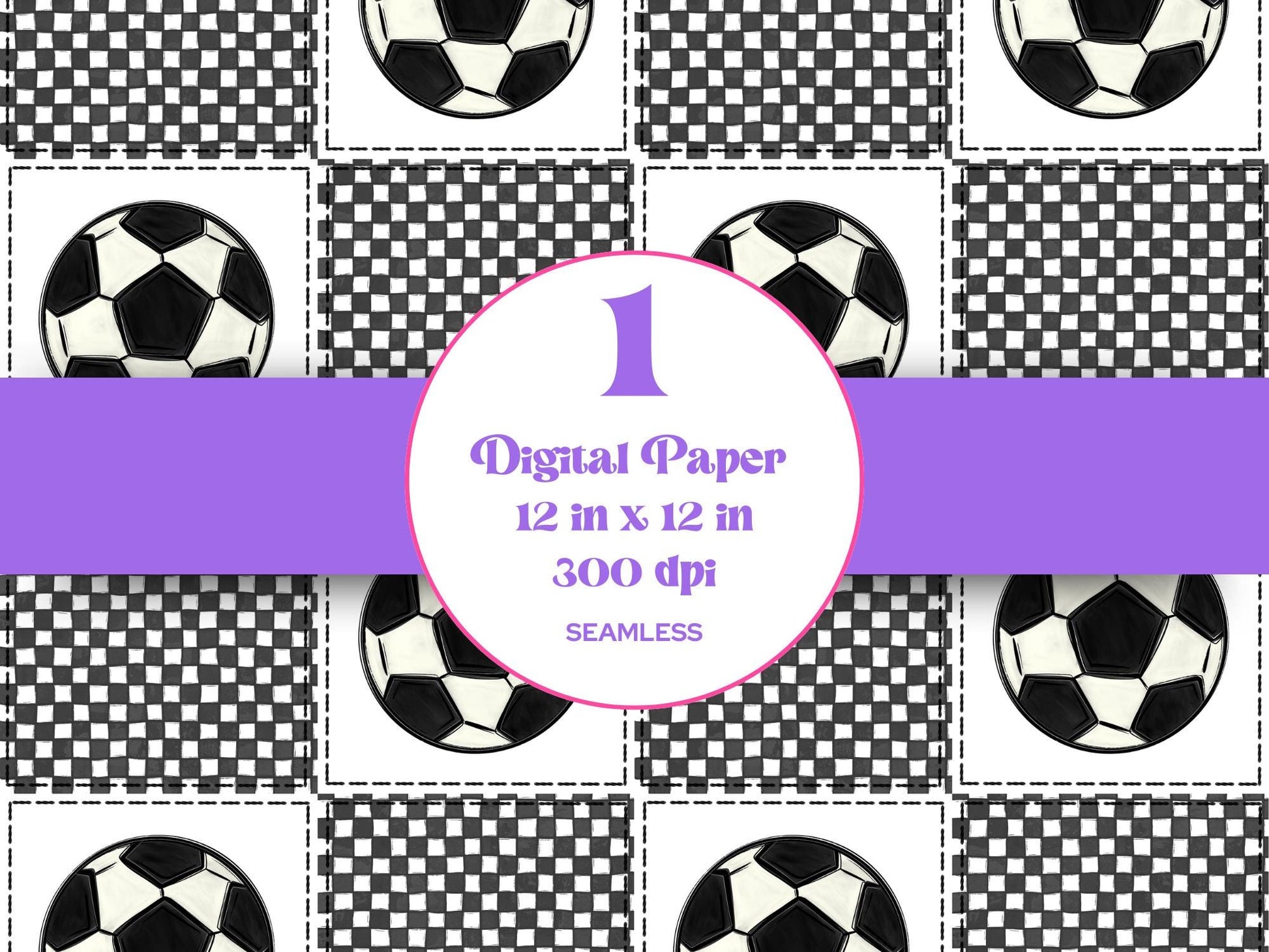 Soccer Checkered Patchwork Seamless Pattern, Digital Repeatable Pattern, Quilted, Stitches, Sports