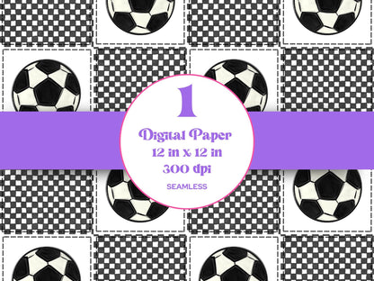 Soccer Checkered Patchwork Seamless Pattern, Digital Repeatable Pattern, Quilted, Stitches, Sports