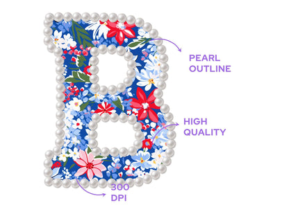 Pearl Floral Alphabet Clipart: Hand-Drawn Doodle Letter Set (PNG Digital File)