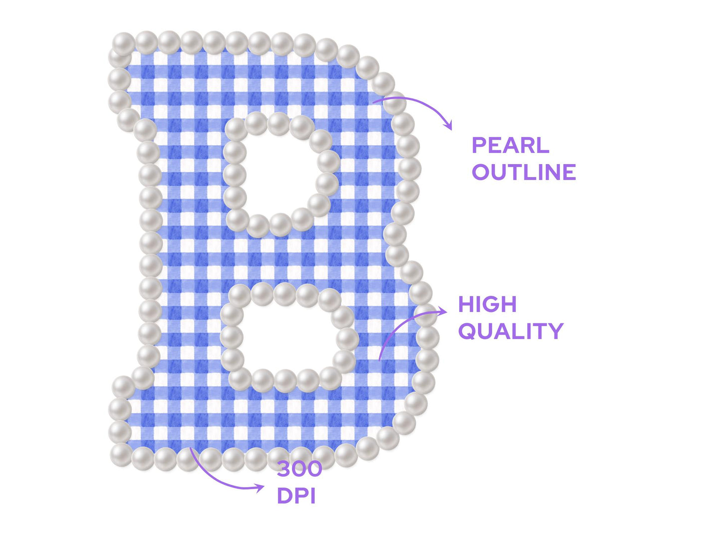 Pearl Alphabet Clipart: Hand-Drawn Gingham Letter Set (PNG Digital File)
